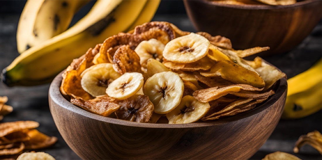 Banana chips in a wooden bowl