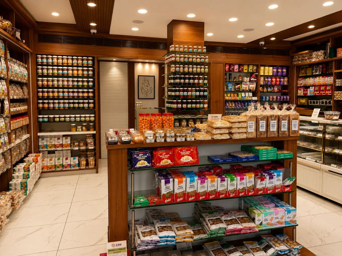 Inside a CDS store: wooden shelves of jars, namkeen packs, bread and Charliee snacks