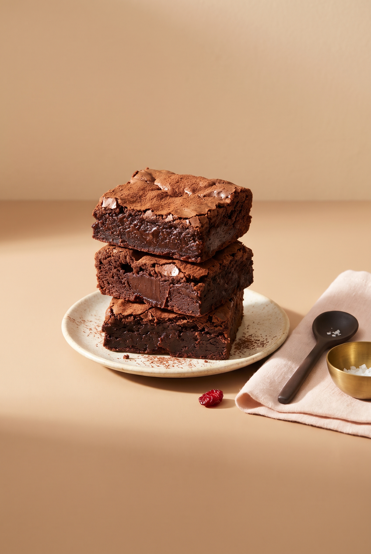 A stack of fudgy chocolate brownies
