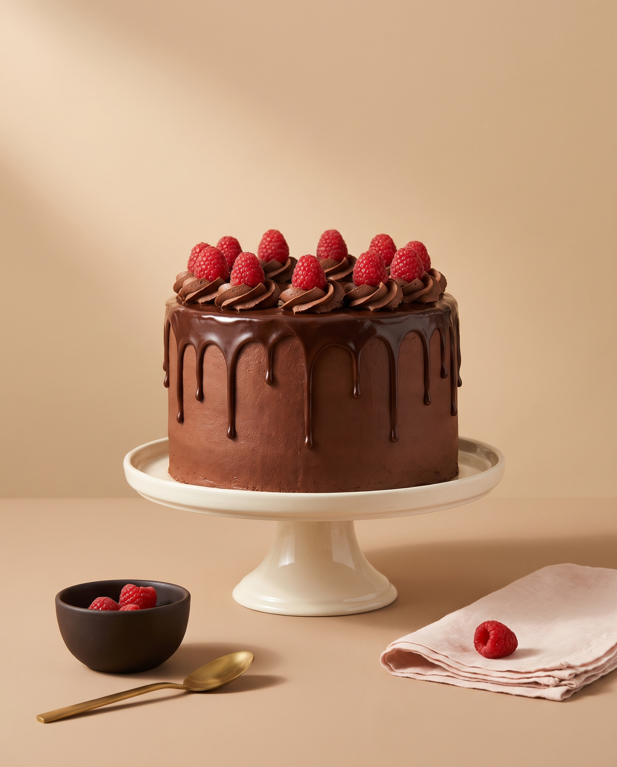 Chocolate drip celebration cake on a cake stand
