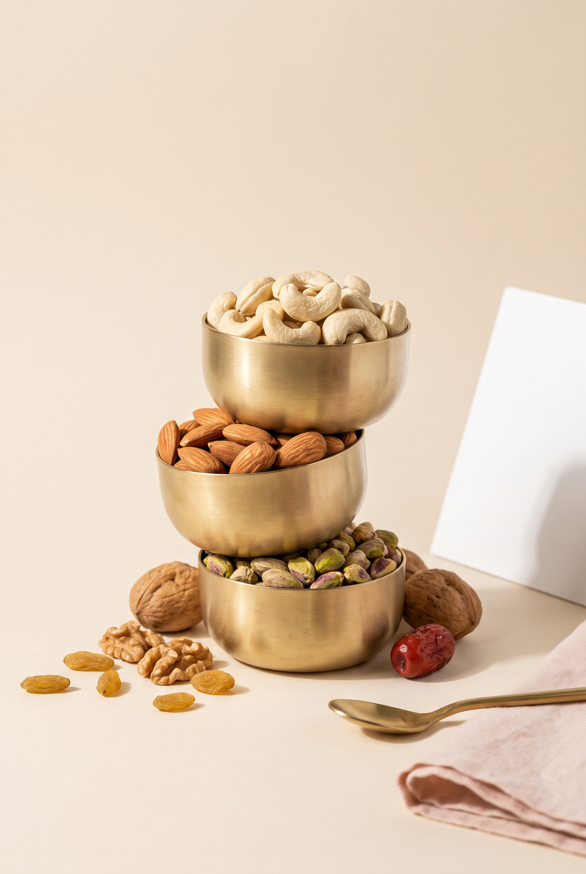 Cashews, almonds and pistachios in brass katoris