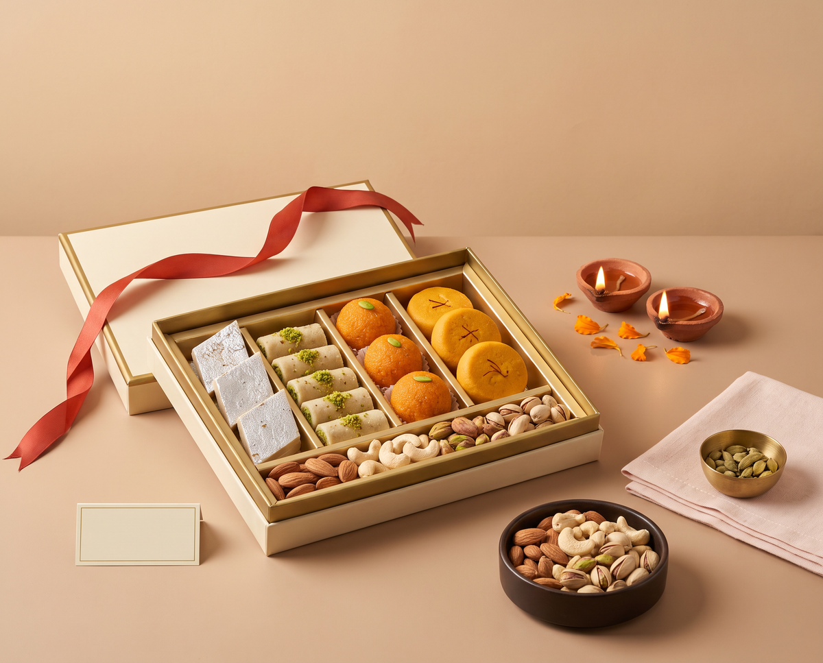 An open mithai gift box with a red ribbon