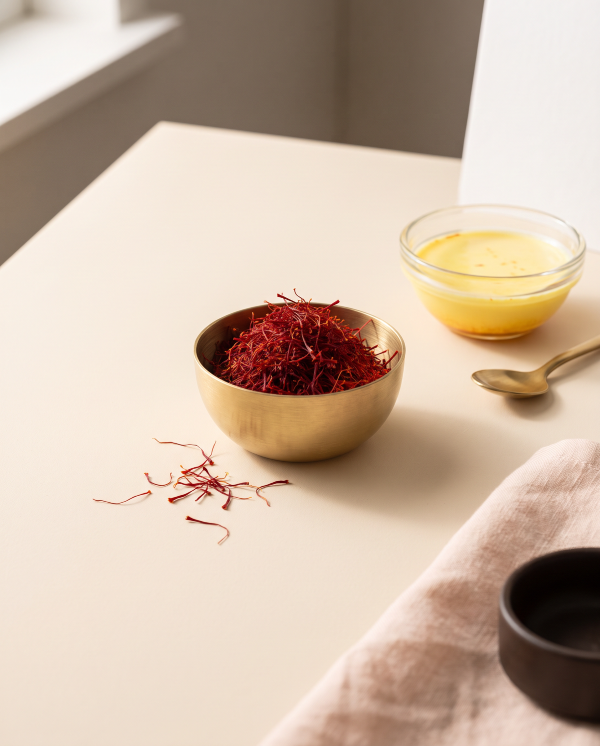 Saffron threads in a brass bowl