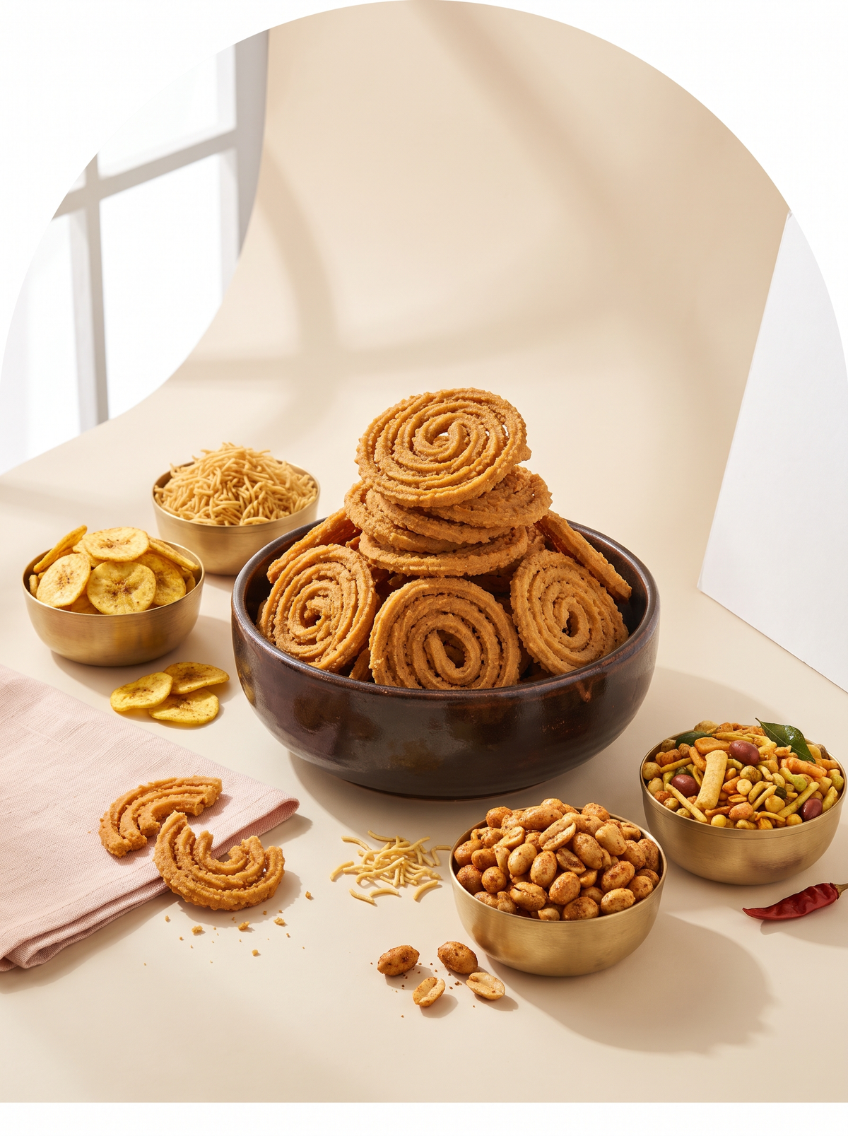 Golden chakli with banana chips, sev and farsan in brass bowls