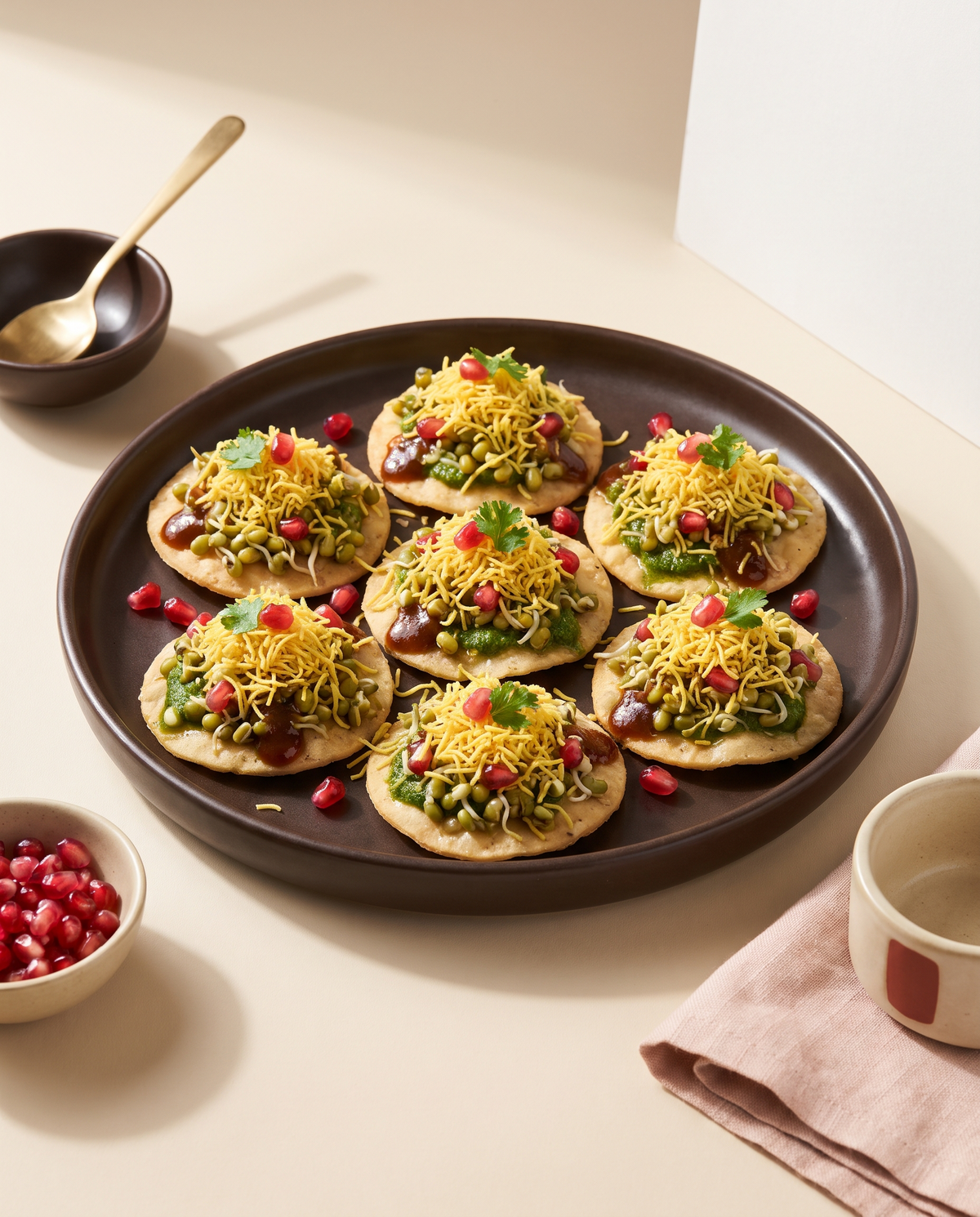 Sev puri topped with chutneys and sev