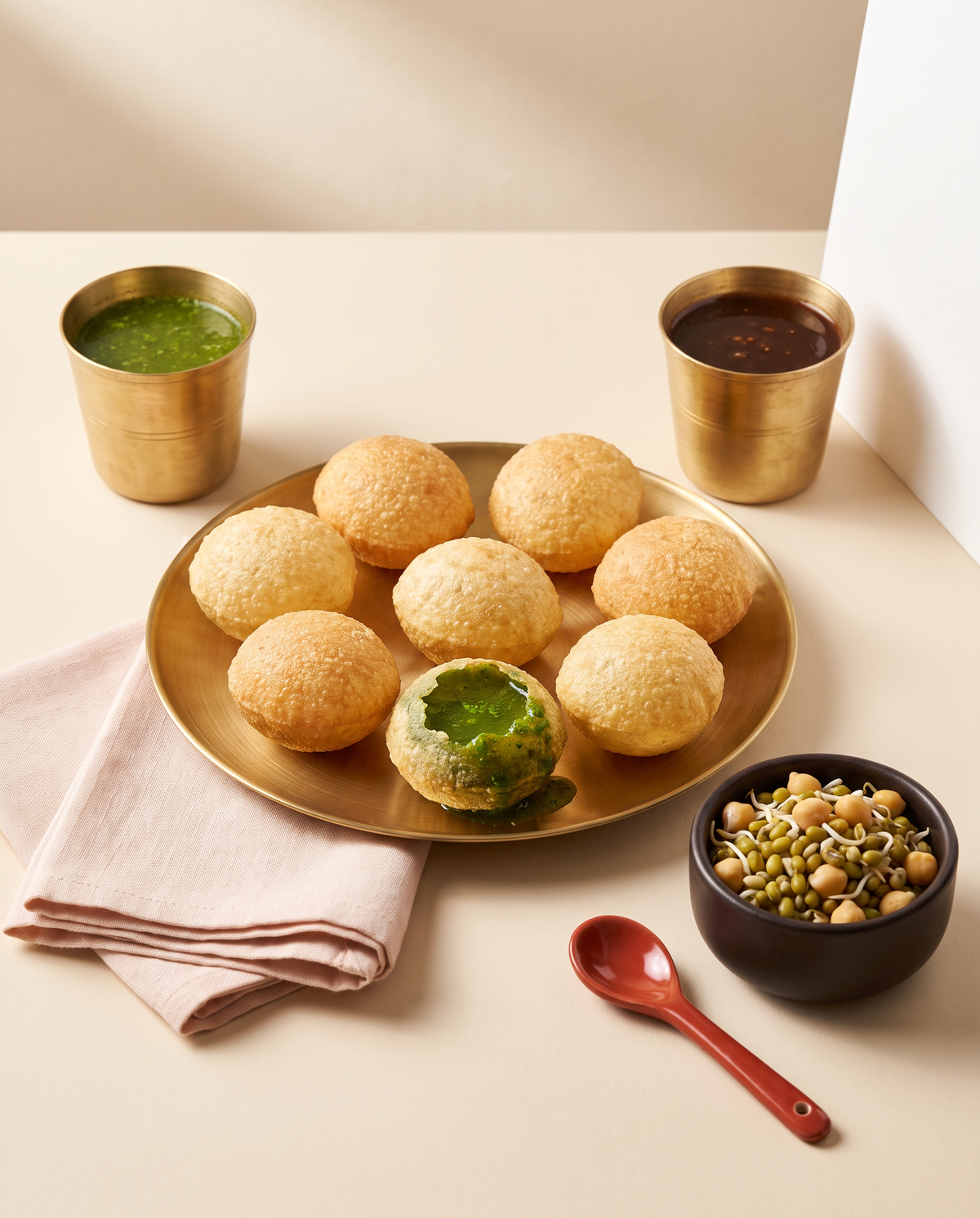 Pani puri with mint and tamarind pani
