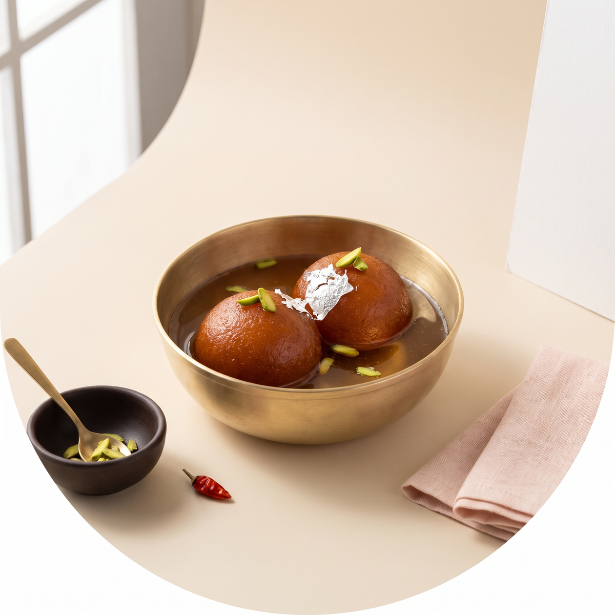 Gulab jamun in syrup in a brass katori