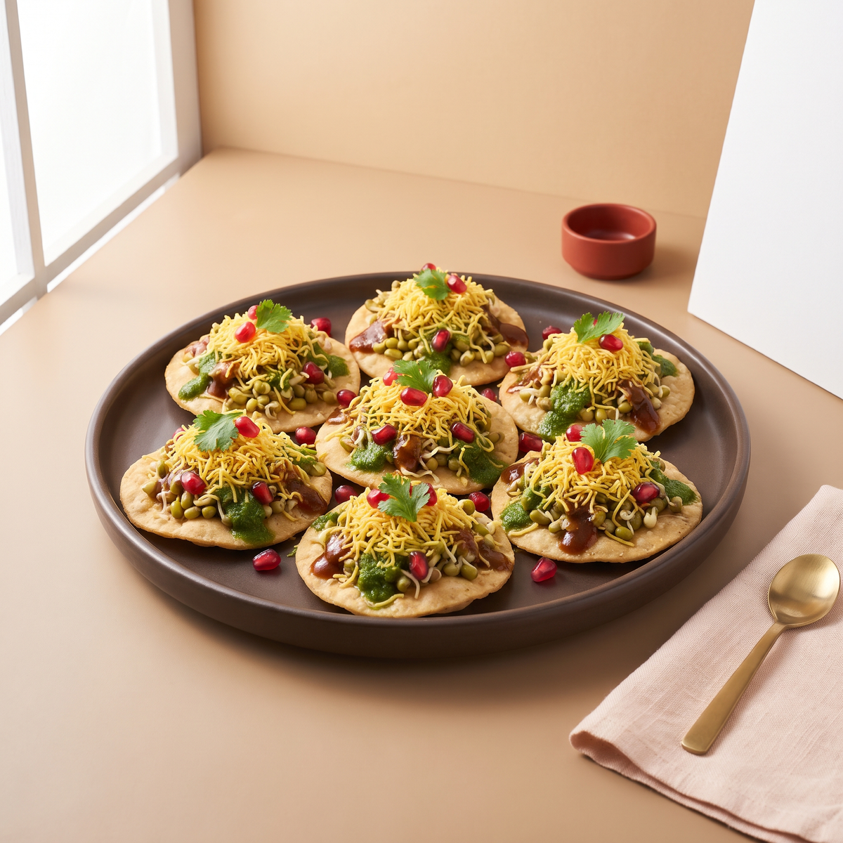 Sev puri topped with chutneys and sev